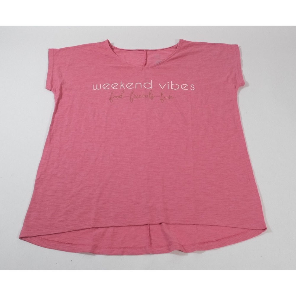 St Johns Bay T-Shirt Womens L Pink Weekend Vibes Graphic Slub Knit Short‎ Sleeve